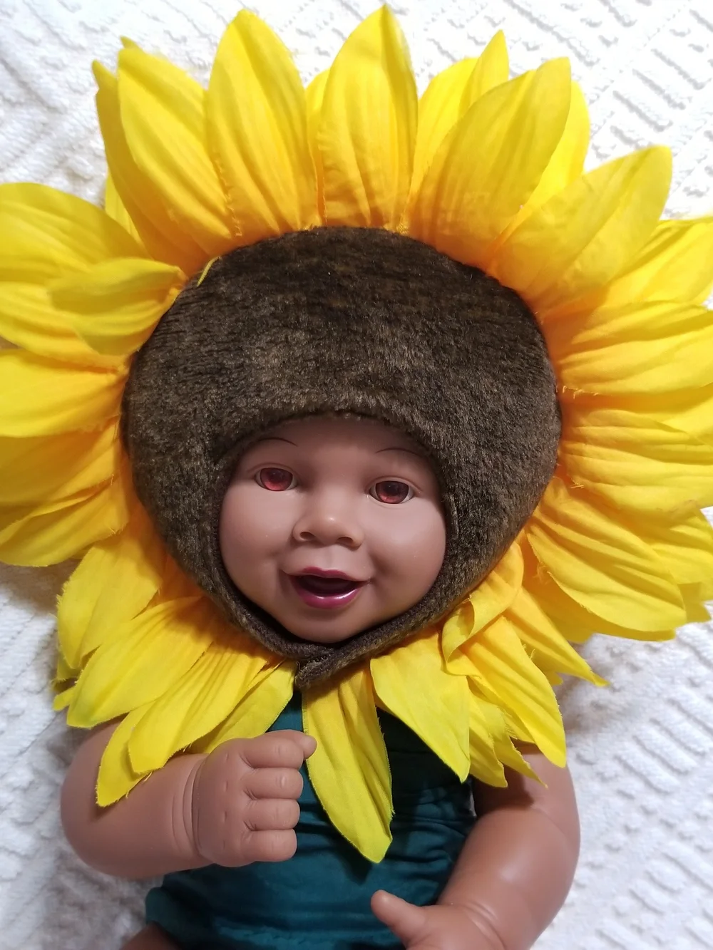 Vintage Anne Geddes Baby Doll With Yellow & Green Sunflower Costume & Headpiece